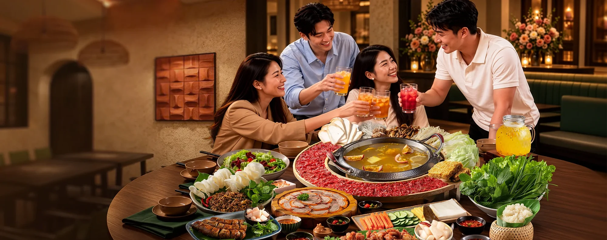 Nhóm bạn quây quần bên nồi lẩu bò tơ trong không gian Bò Tơ Quán Mộc