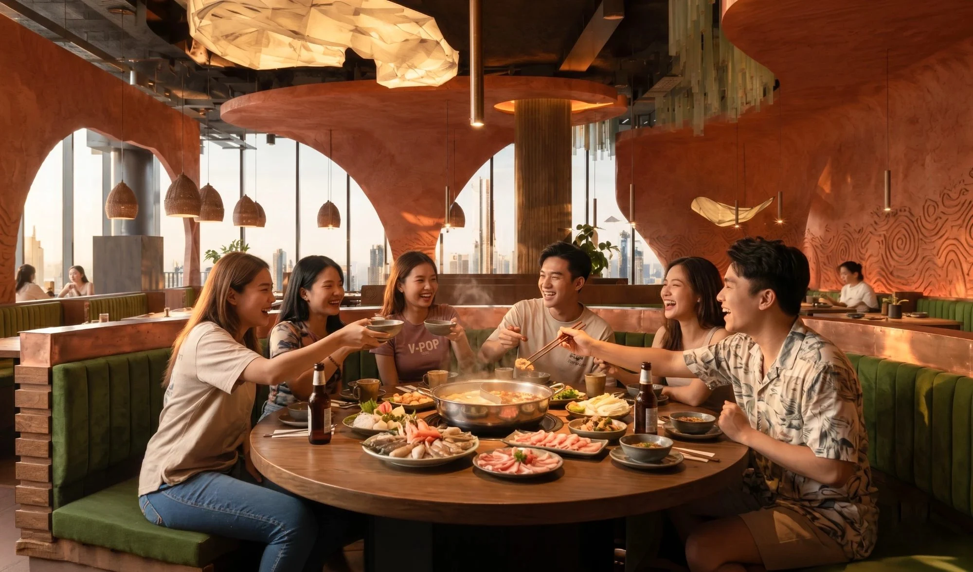 Nhóm bạn quây quần bên nồi lẩu bò tơ trong không gian Bò Tơ Quán Mộc