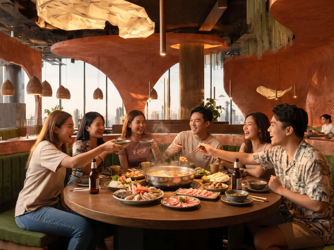 Nhóm bạn quây quần bên bàn lẩu bò tơ